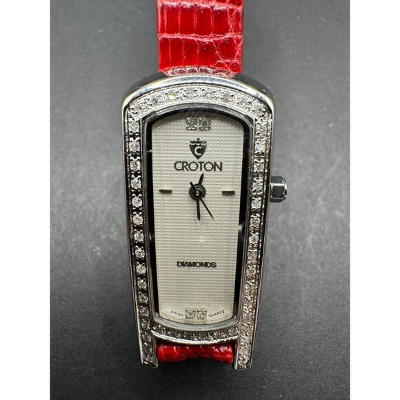 CROTON Diamonds Sapphire Glass Stainless Steel Women's Watch Red Lizard Band